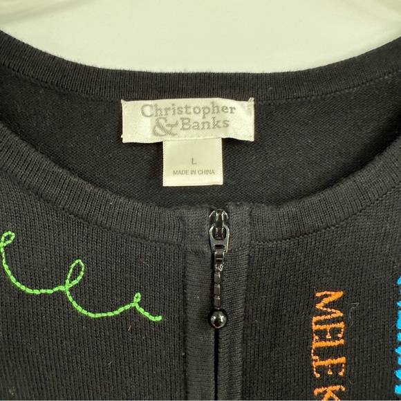 Christopher & Banks Size L Cardigan Christmas Holiday Word Sweater Zip Up Black - Picture 4 of 7